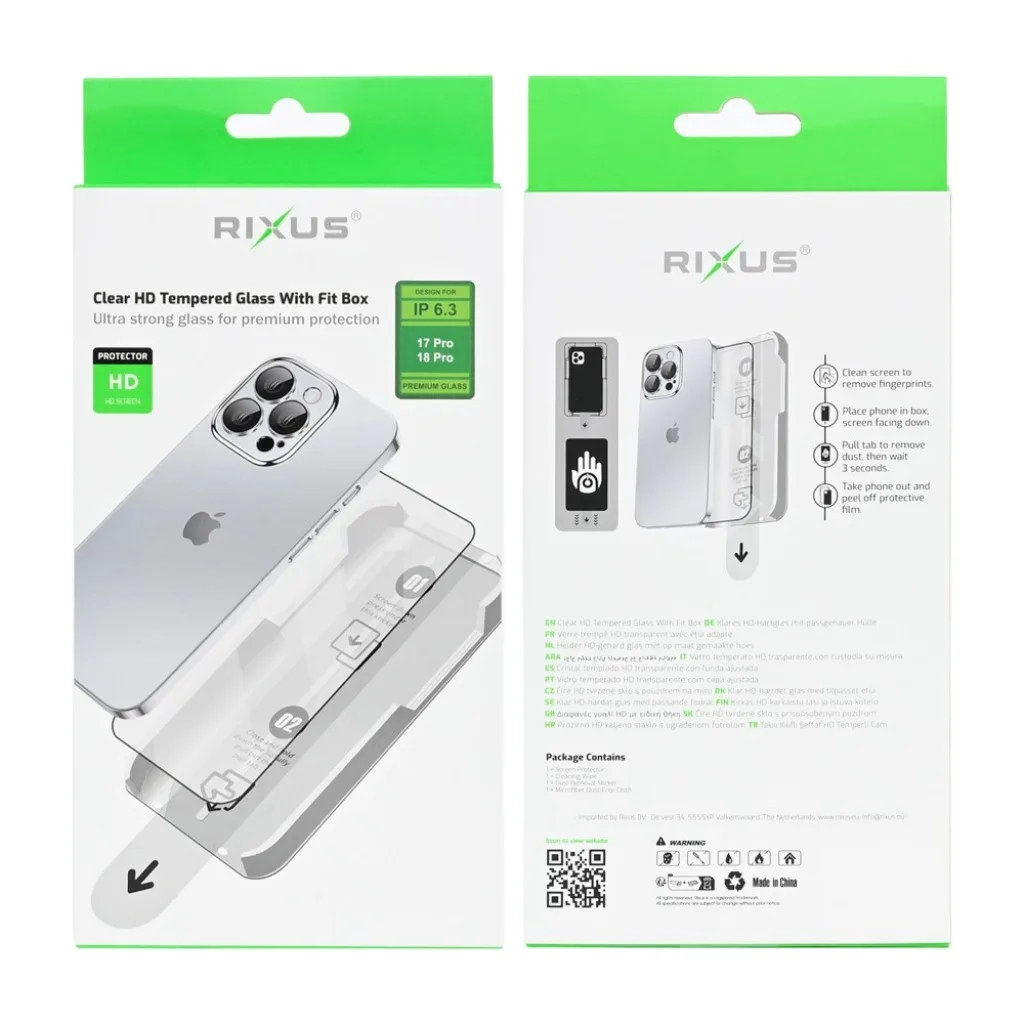 Rixus Clear HD Tempered Glass With Fit Box beskyttelsesglas til iPhone 17 Pro og 18 Pro, billede 2