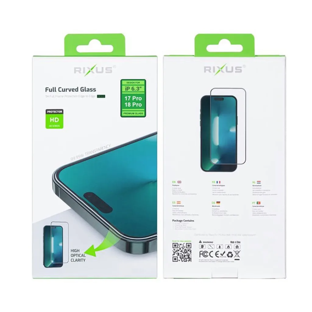 Rixus Clear HD Full Curved Edge Tempered Glass beskyttelsesglas til iPhone 17 Pro og 18 Pro, billede 2
