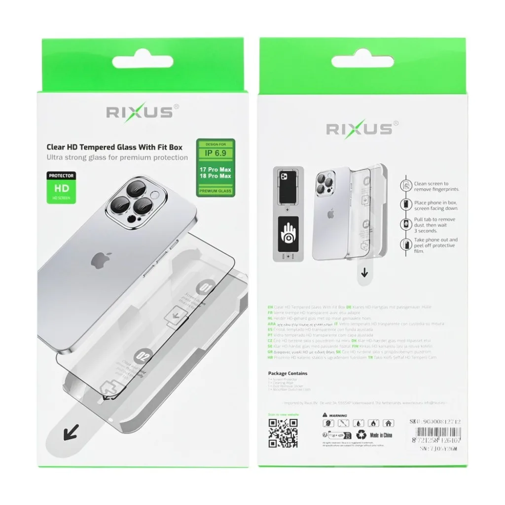 Rixus Clear HD With Fit Box beskyttelsesglas til iPhone 17 Pro Max og 18 Pro Max, billede 2