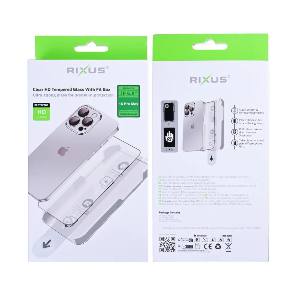 Rixus Clear HD With Fit Box beskyttelsesglas til iPhone 16 Pro Max, billede 2