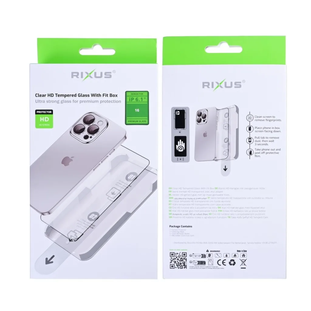 Rixus Clear HD With Fit Box beskyttelsesglas til iPhone 16, billede 2