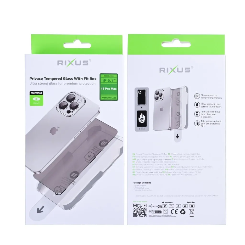 Rixus Privacy With Fit Box beskyttelsesglas til iPhone 15 Pro Max, billede 2