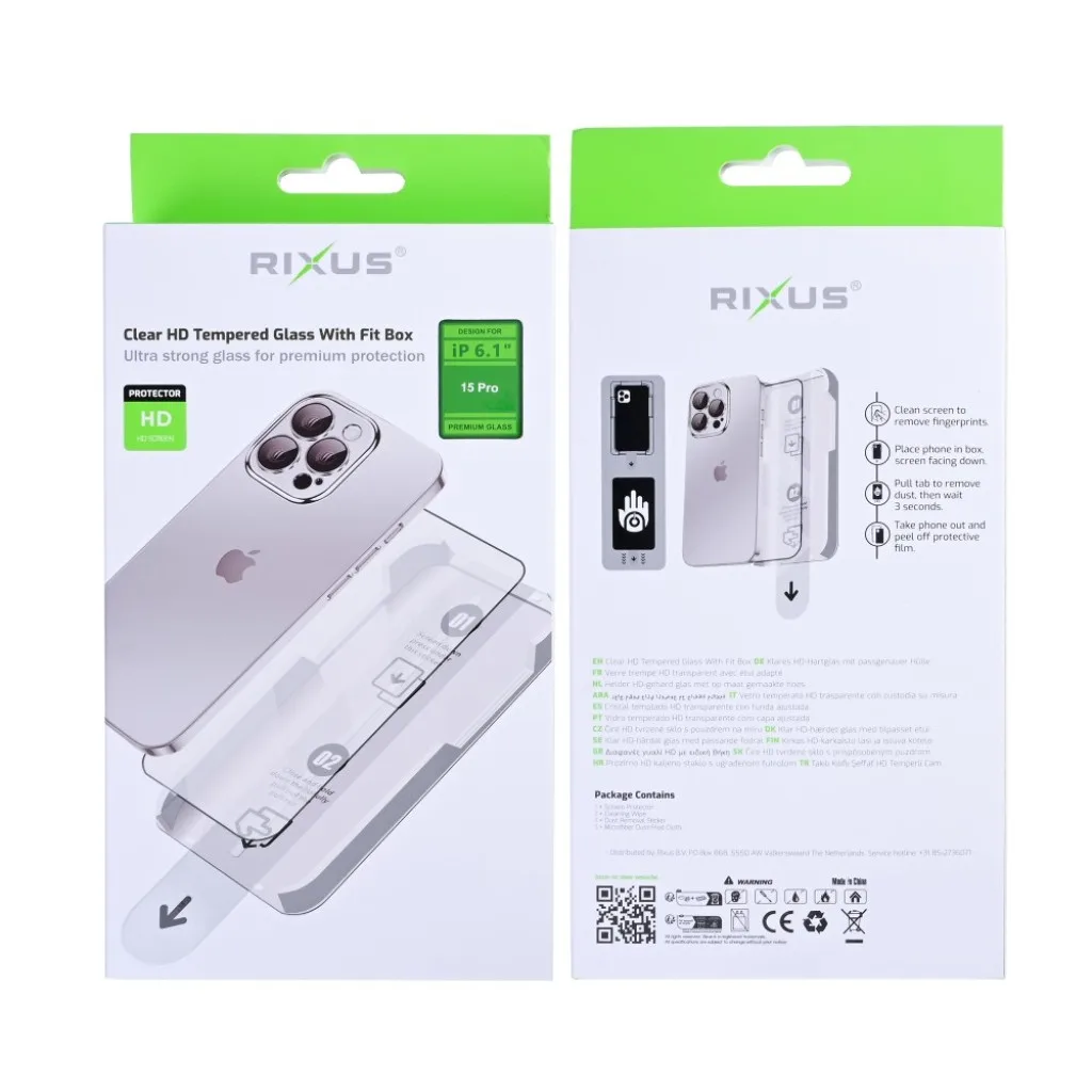 Rixus Clear HD With Fit Box beskyttelsesglas til iPhone 15 Pro, billede 2