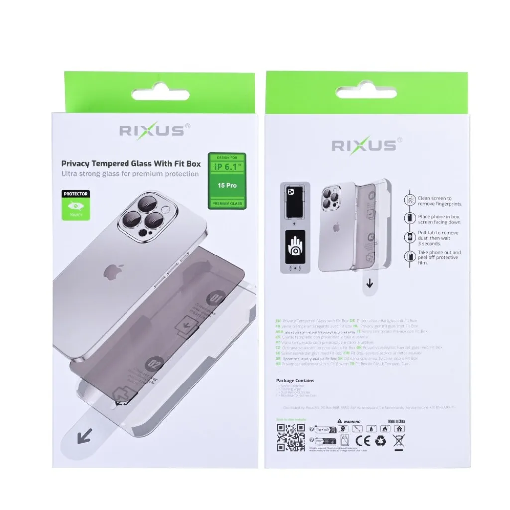 Rixus Privacy With Fit Box beskyttelsesglas til iPhone 15 Pro, billede 2