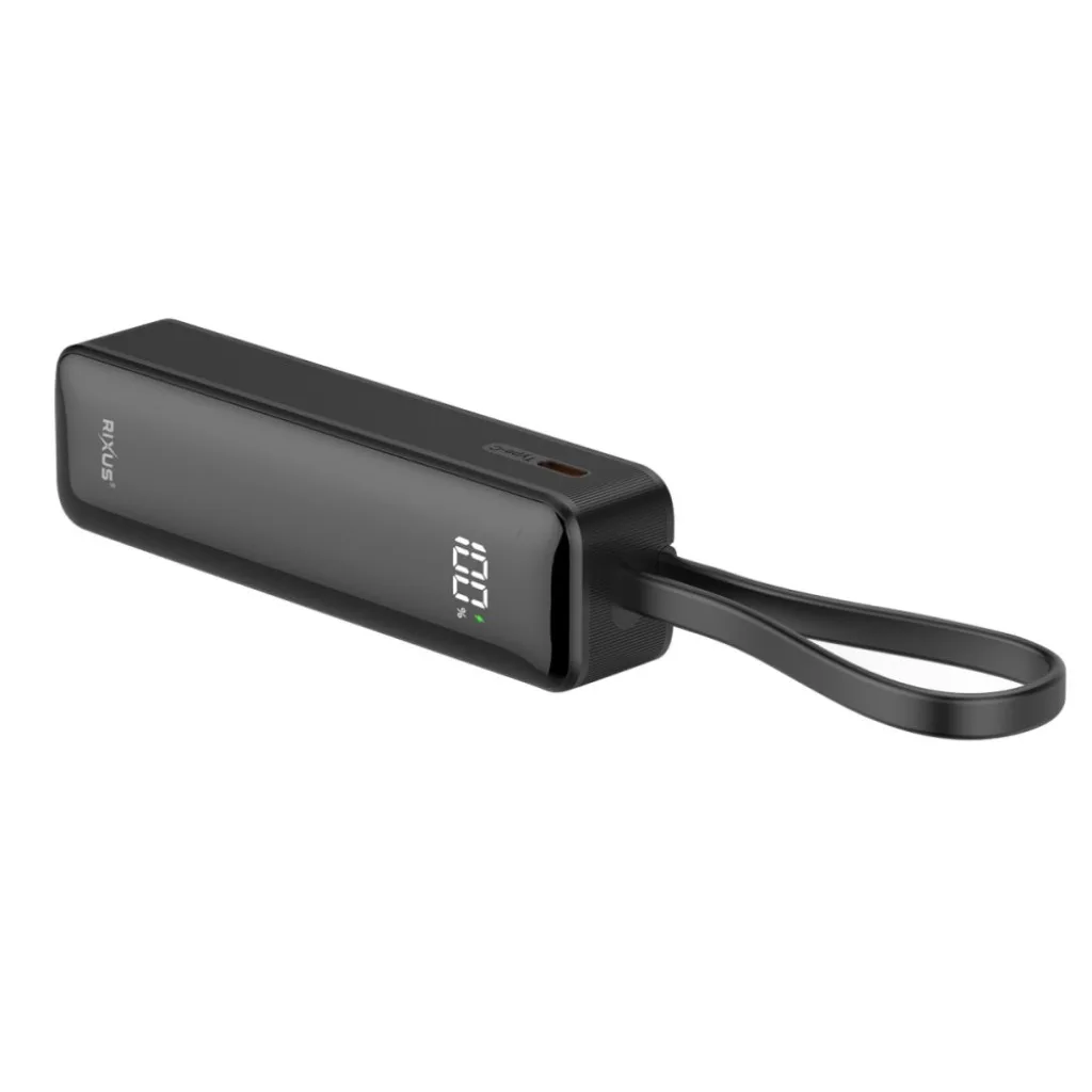 Rixus RXPB03B Digital Display Powerbank 5000mAh With USB-C Cable Built-in Black kabel, sort, billede 2