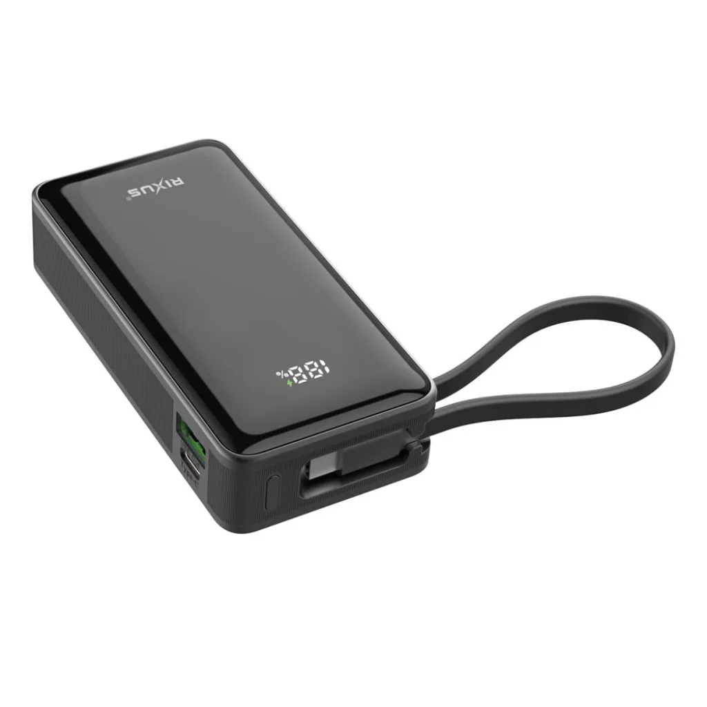 Rixus RXPB01B Power Bank 10000mAh With Built-In Handstrap Cable Black kabel, sort, billede 2