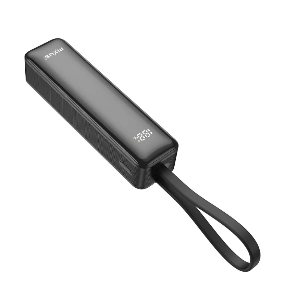 Rixus RXPB03B Digital Display Powerbank 5000mAh With USB-C Cable Built-in Black kabel, sort, billede 3