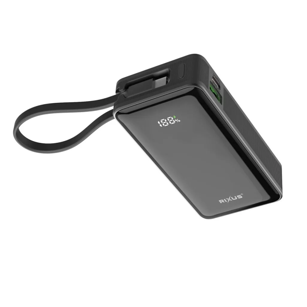 Rixus RXPB01B Power Bank 10000mAh With Built-In Handstrap Cable Black kabel, sort, billede 3