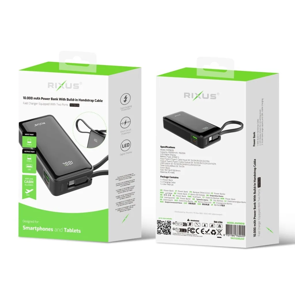 Rixus RXPB01B Power Bank 10000mAh With Built-In Handstrap Cable Black kabel, sort, billede 4