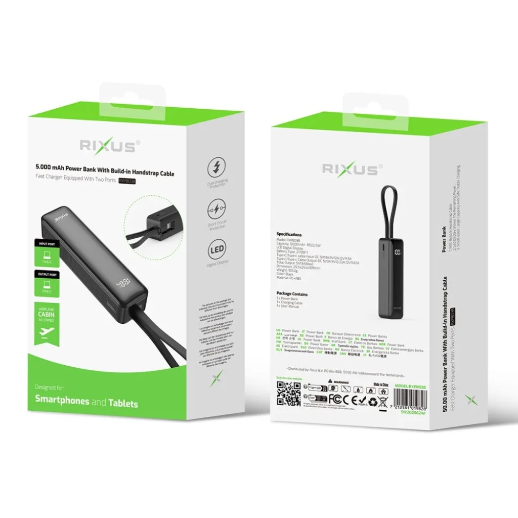Rixus RXPB03B Digital Display Powerbank 5000mAh With USB-C Cable Built-in Black kabel, sort, billede 4