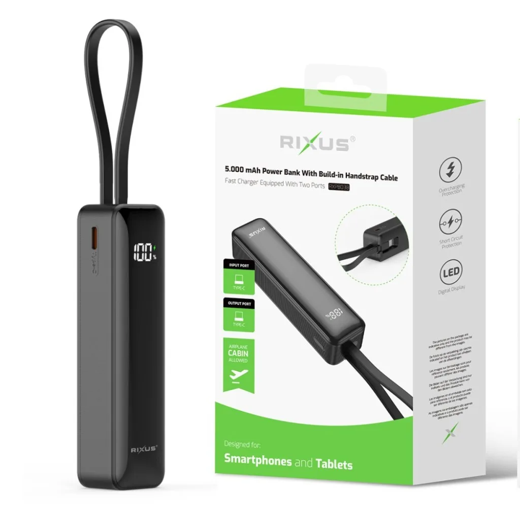 Rixus RXPB03B Digital Display Powerbank 5000mAh With USB-C Cable Built-in Black kabel, sort, billede 5