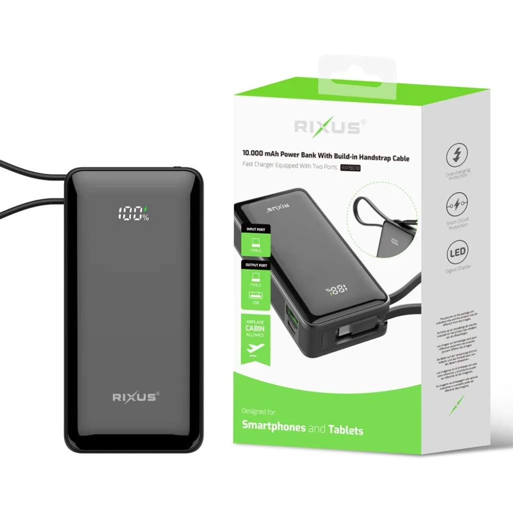 Rixus RXPB01B Power Bank 10000mAh With Built-In Handstrap Cable Black kabel, sort, billede 5