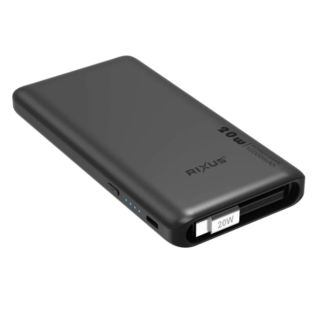 Rixus RXPB08 Powerbank With Built-in USB-C Cable 70cm 10000mAh 22.5W Black kabel, sort, billede 2