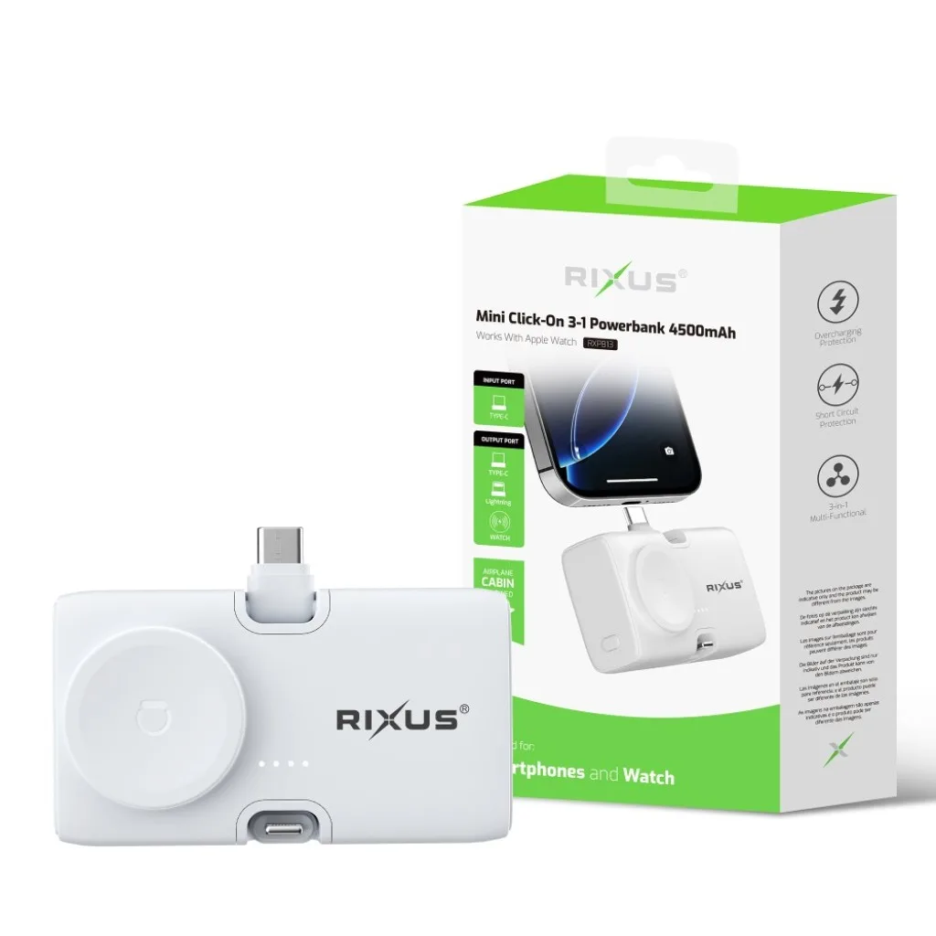 Rixus Mini Click-On 3 in 1 Powerbank 4500mAh, hvid, billede 4