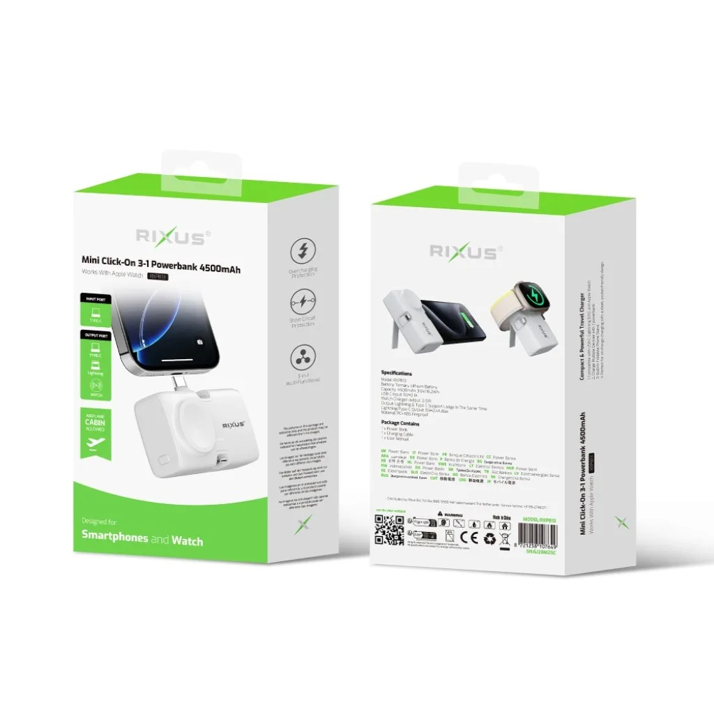 Rixus Mini Click-On 3 in 1 Powerbank 4500mAh, hvid, billede 5