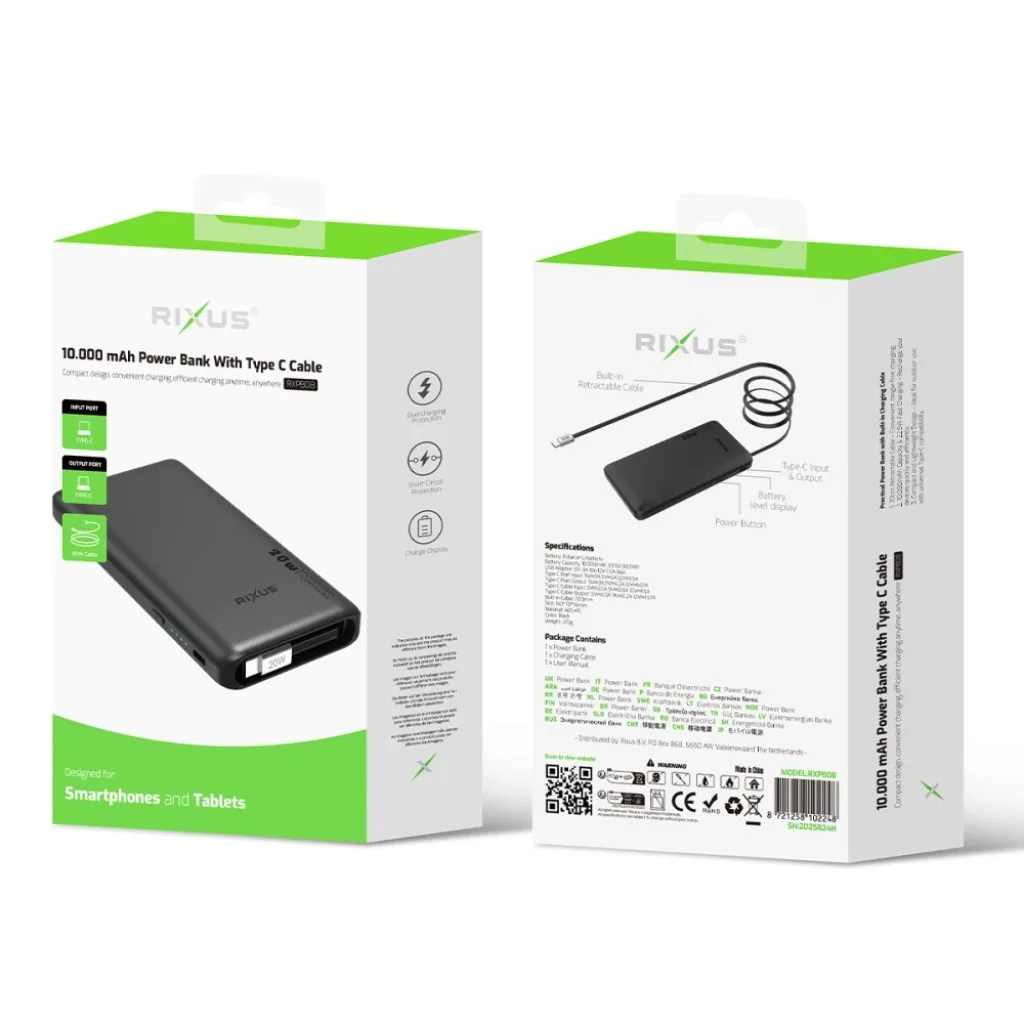 Rixus RXPB08 Powerbank With Built-in USB-C Cable 70cm 10000mAh 22.5W Black kabel, sort, billede 5