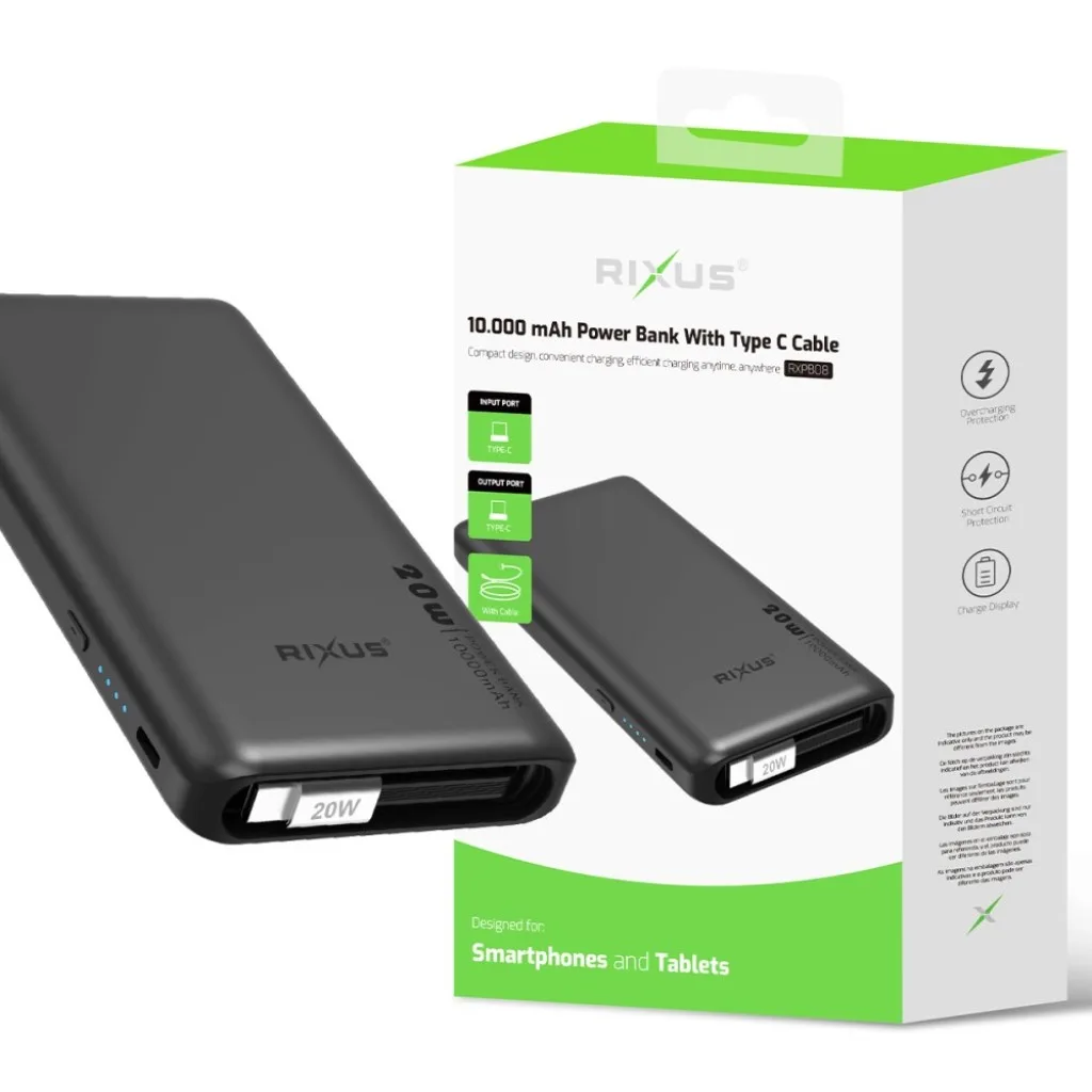 Rixus RXPB08 Powerbank With Built-in USB-C Cable 70cm 10000mAh 22.5W Black kabel, sort, billede 6