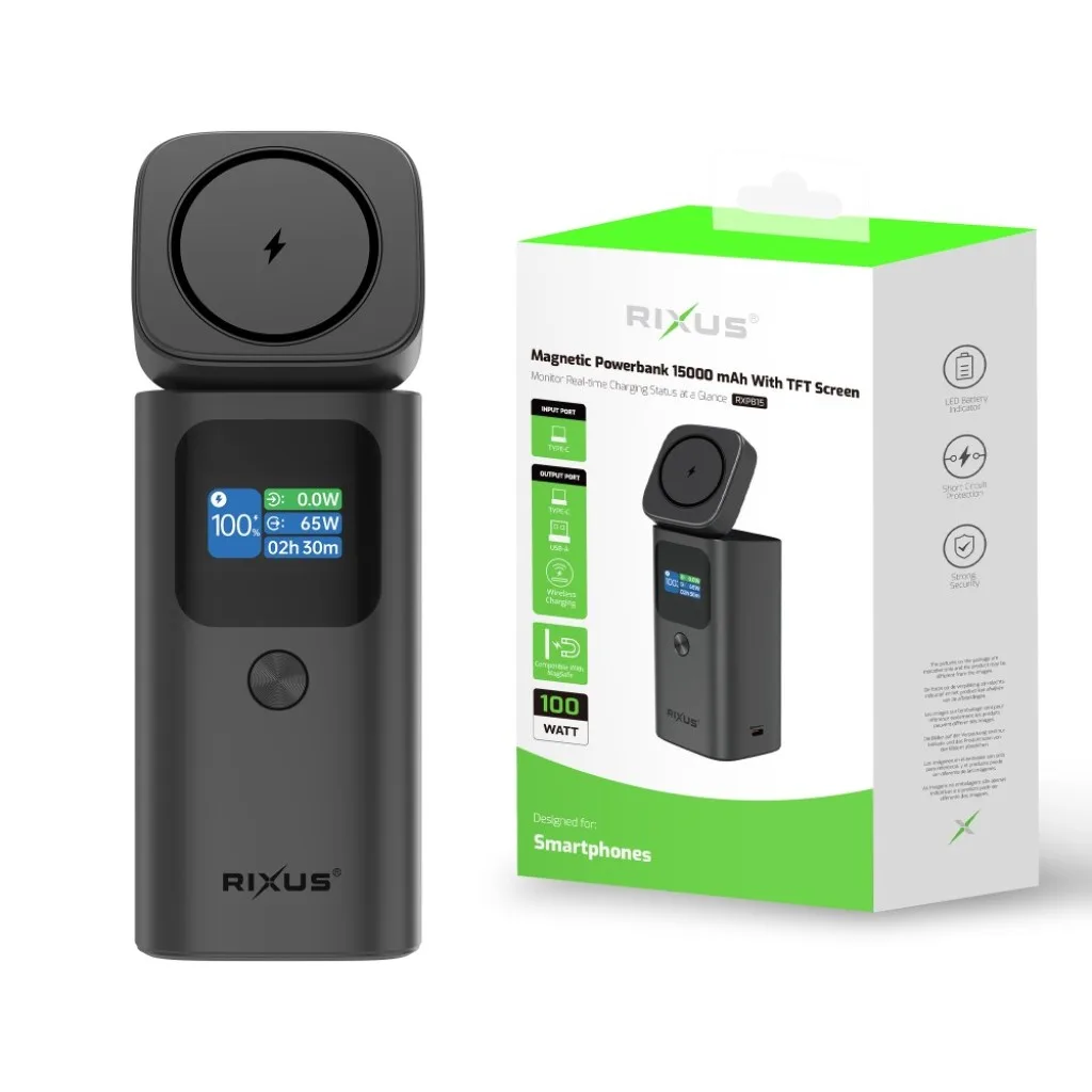 Rixus Magnetic Powerbank With TFT Screen 15000mAh 100W, grå, billede 4