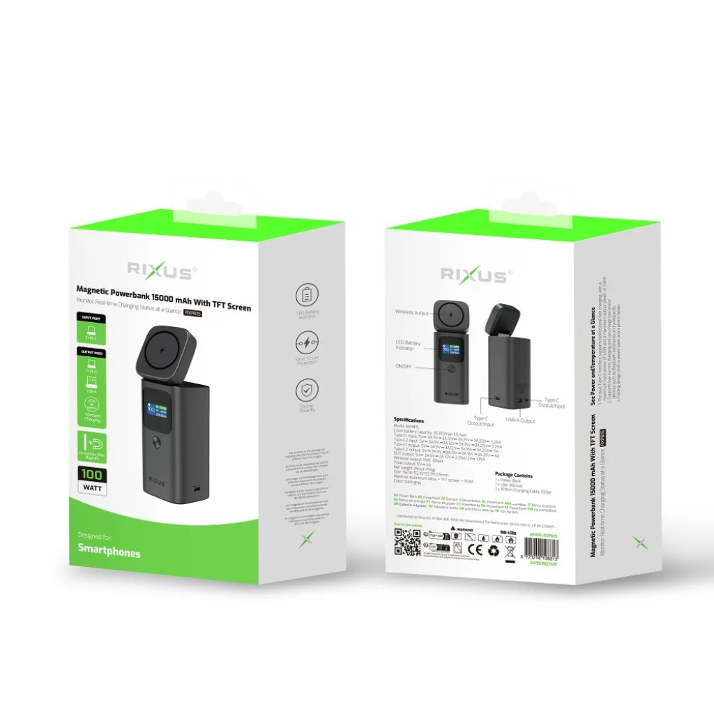 Rixus Magnetic Powerbank With TFT Screen 15000mAh 100W, grå, billede 5