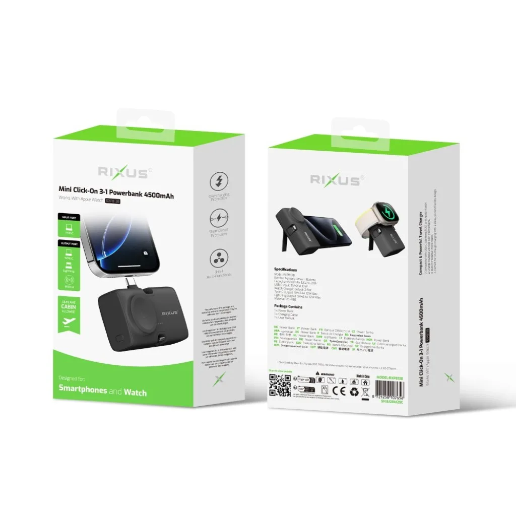 Rixus Mini Click-On 3 in 1 Powerbank 4500mAh, sort, billede 5
