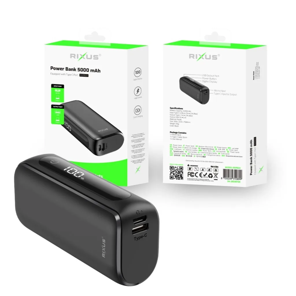Rixus Compact Powerbank Digital Display 5000mAh, sort, billede 4