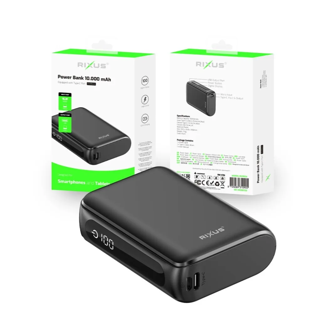 Rixus Compact Powerbank Digital Display 10000mAh, sort, billede 4