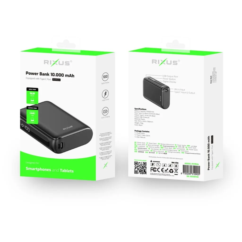 Rixus Compact Powerbank Digital Display 10000mAh, sort, billede 5