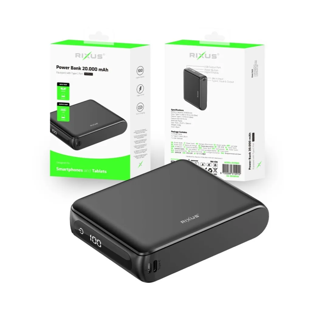 Rixus Compact Powerbank Digital Display 20000mAh, sort, billede 4