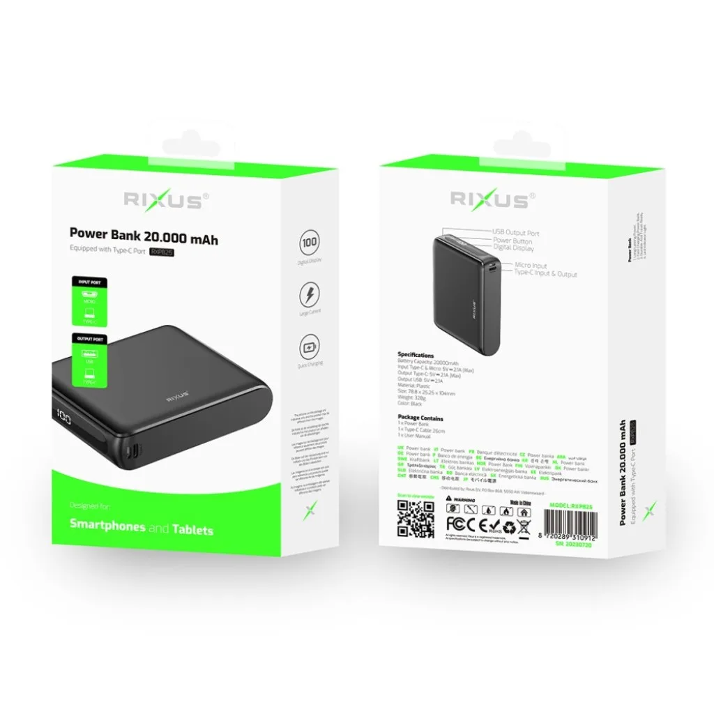 Rixus Compact Powerbank Digital Display 20000mAh, sort, billede 5