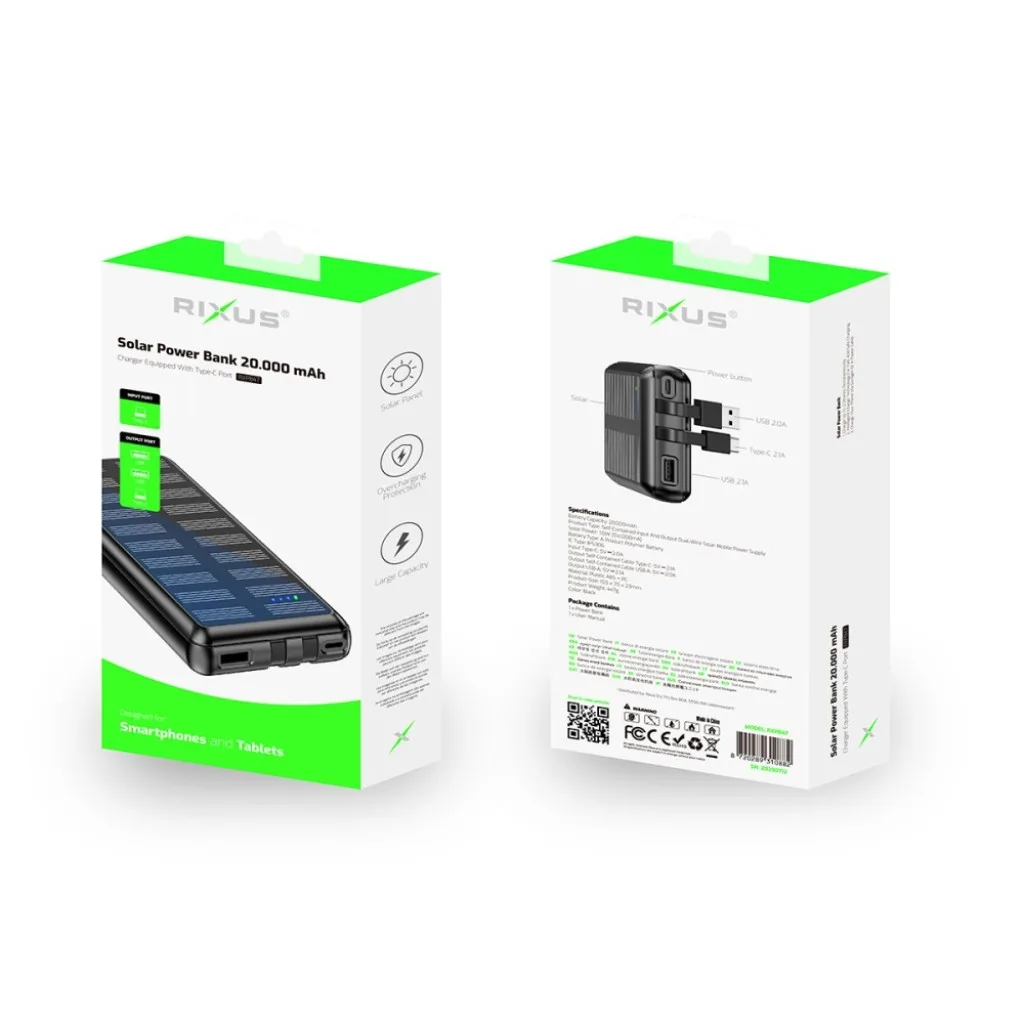 Rixus Solar Powerbank 20000 mAh With Built-in Cables, sort, billede 4