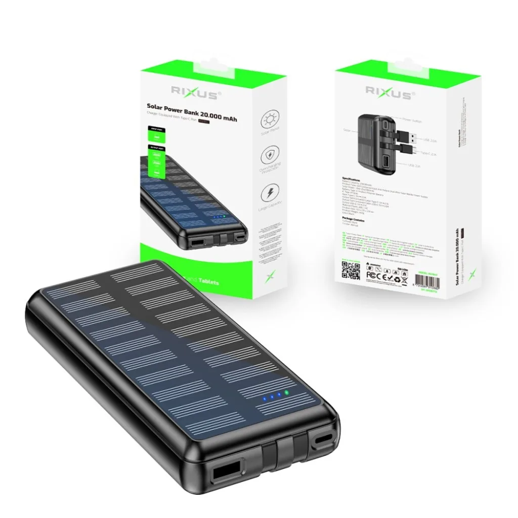 Rixus Solar Powerbank 20000 mAh With Built-in Cables, sort, billede 5