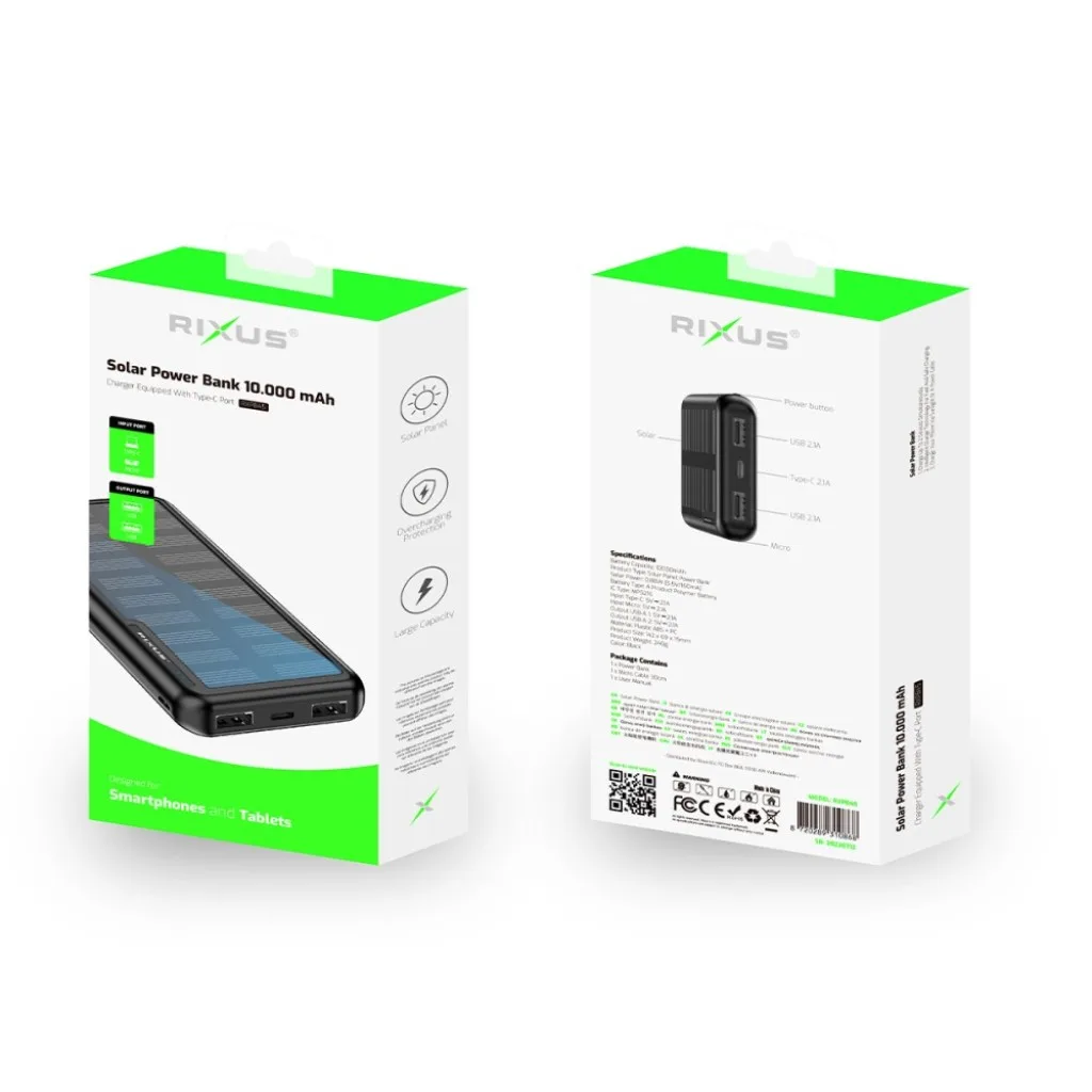 Rixus Solar Powerbank 10000 mAh, sort, billede 4