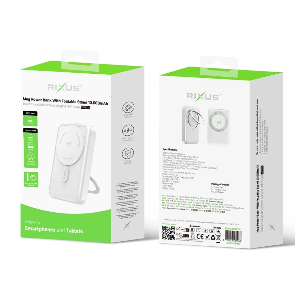 Rixus MagSafe Compatible Powerbank 10000mAh With Foldable Stand, hvid, billede 4