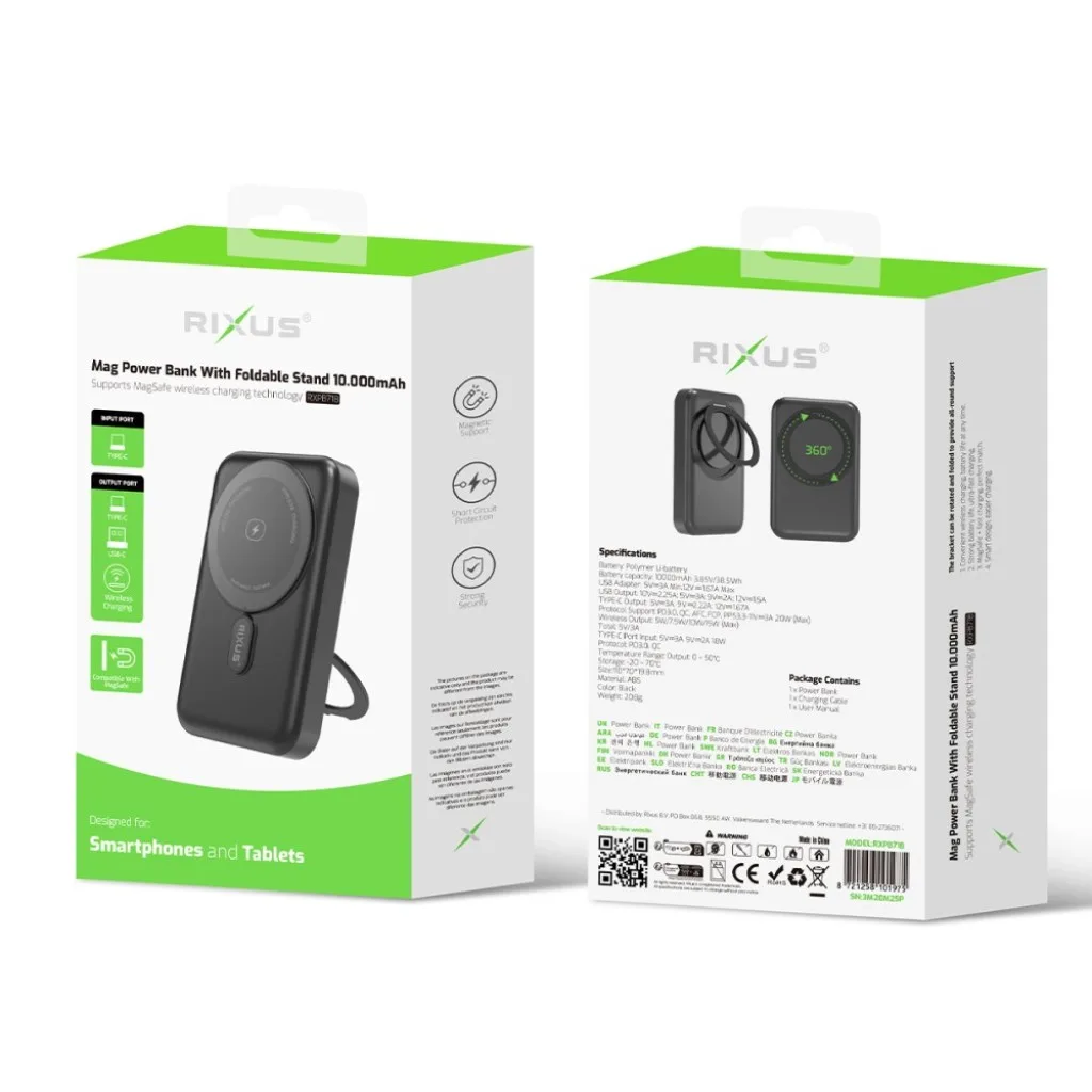 Rixus MagSafe Compatible Powerbank 10000mAh With Foldable Stand, sort, billede 4