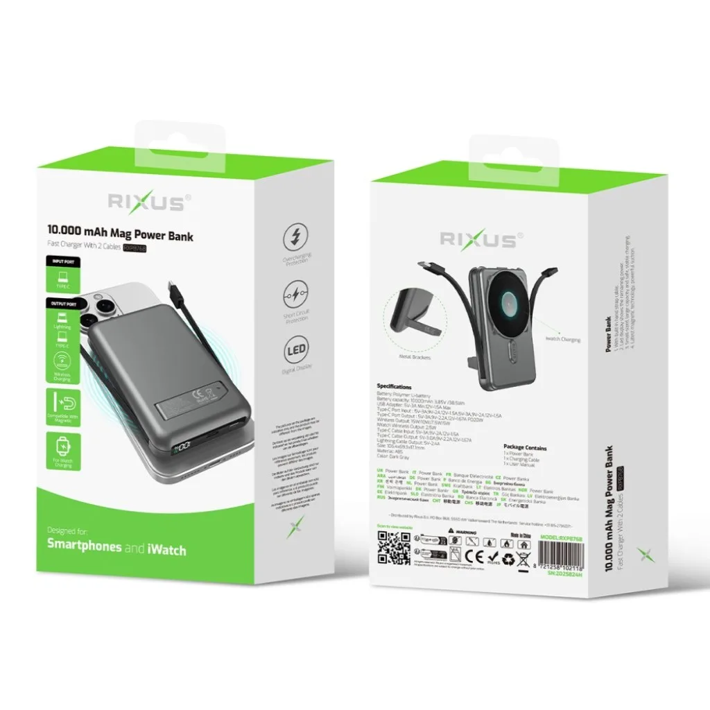 Rixus MagSafe Compatible Powerbank 10000mAh With Built-in Cable, grå, billede 4