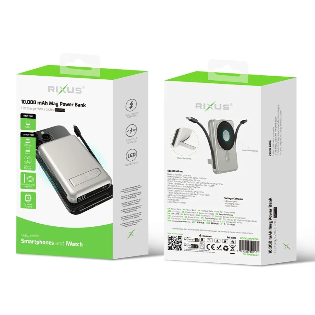 Rixus MagSafe Compatible Powerbank 10000mAh With Built-in Cable, sølv, billede 4