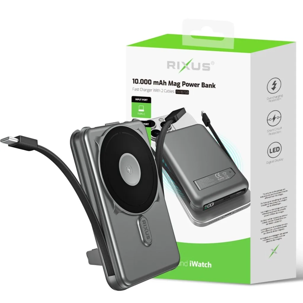Rixus MagSafe Compatible Powerbank 10000mAh With Built-in Cable, grå, billede 5