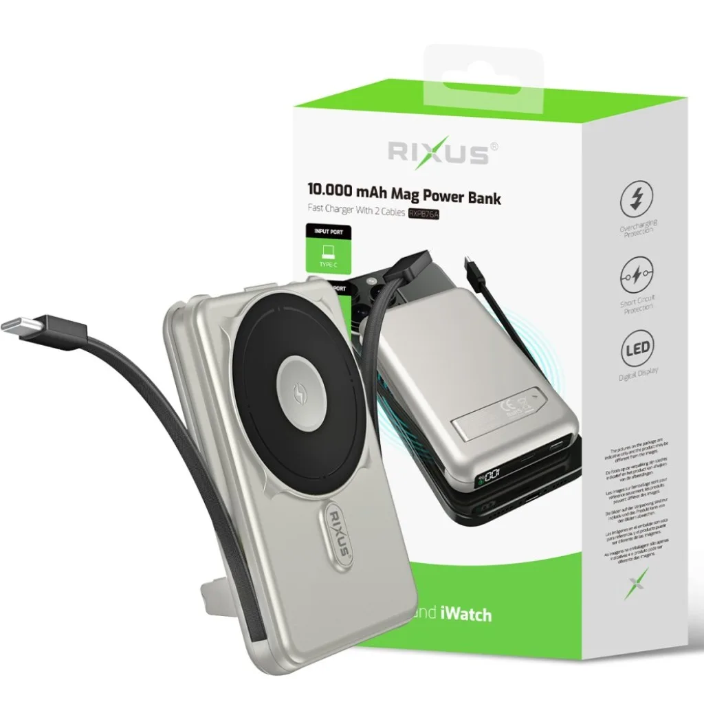 Rixus MagSafe Compatible Powerbank 10000mAh With Built-in Cable, sølv, billede 5