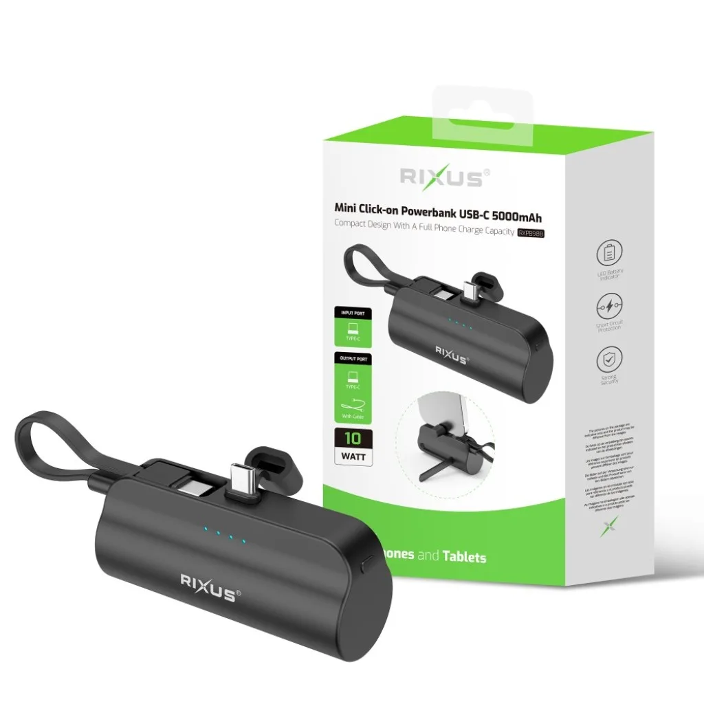 Rixus Mini Click-On Powerbank USB-C 5000mAh, sort, billede 4