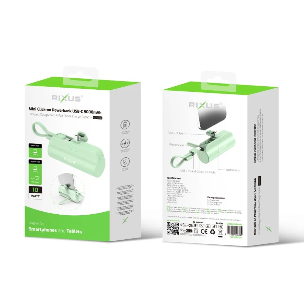Rixus Mini Click-On Powerbank USB-C 5000mAh, grøn, billede 5