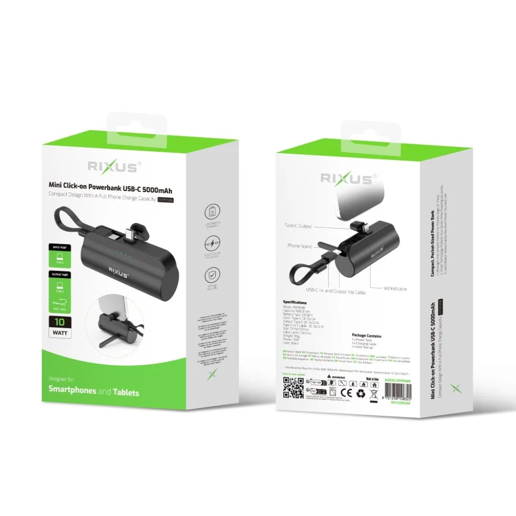 Rixus Mini Click-On Powerbank USB-C 5000mAh, sort, billede 5