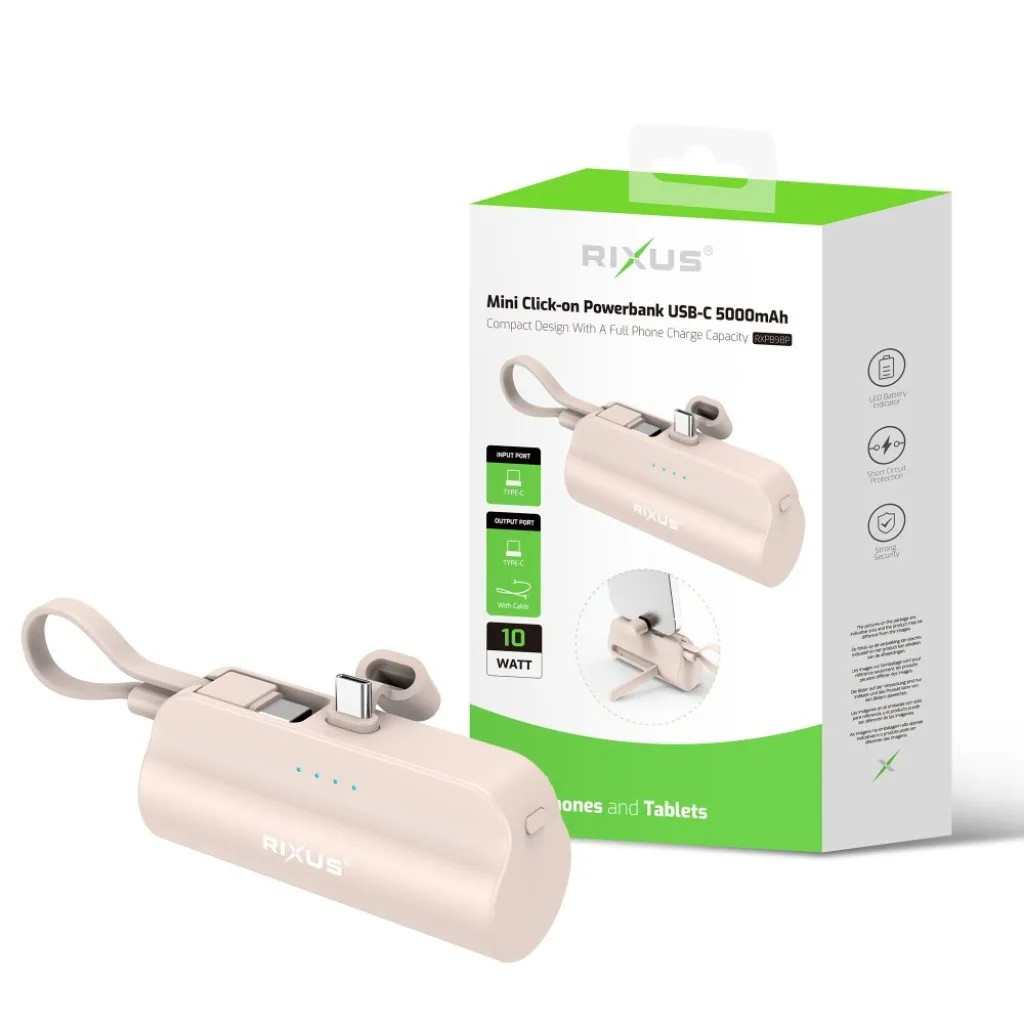 Rixus Mini Click-On Powerbank USB-C 5000mAh, pink, billede 4