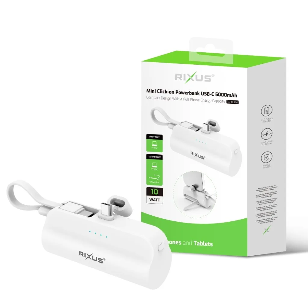 Rixus Mini Click-On Powerbank USB-C 5000mAh, hvid, billede 4