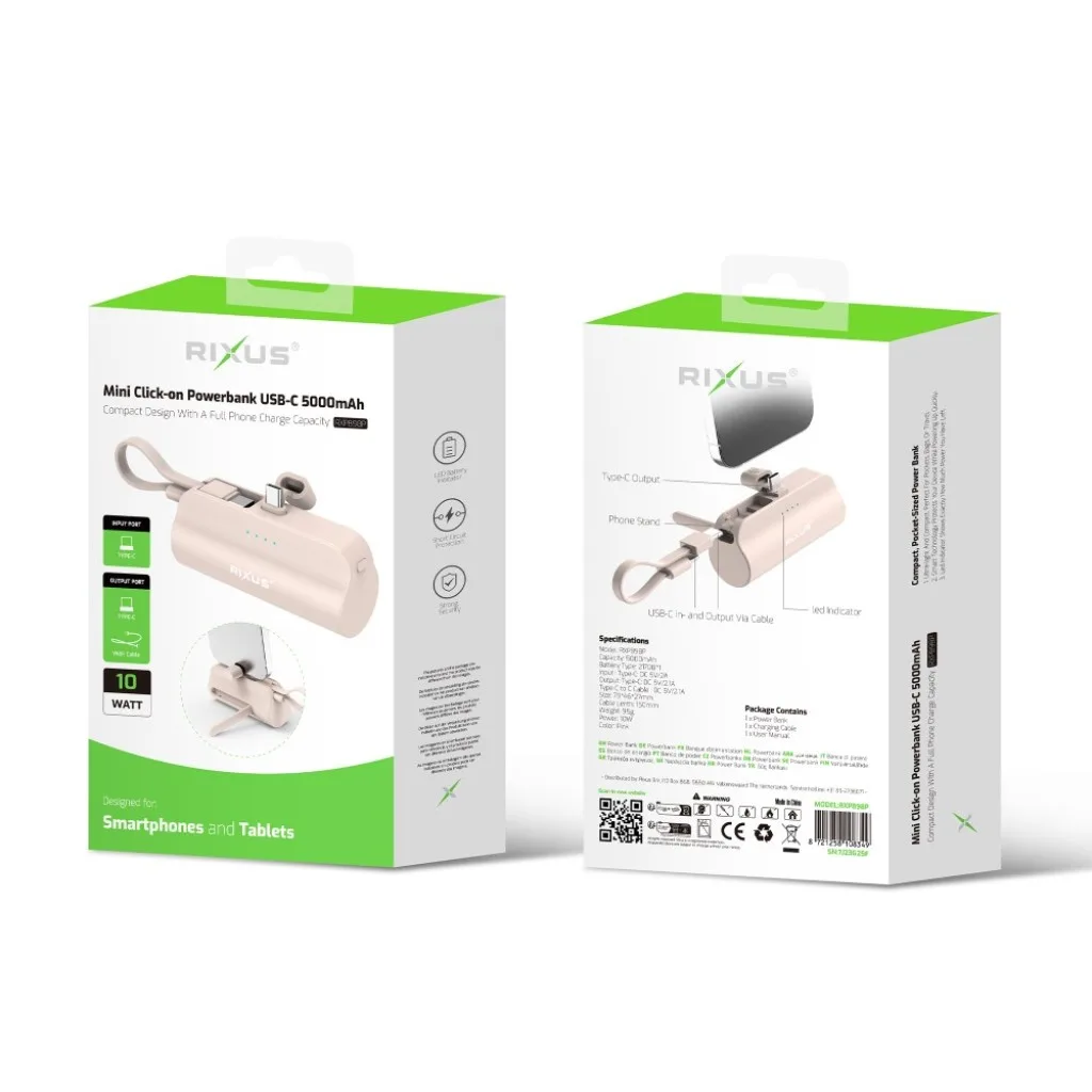 Rixus Mini Click-On Powerbank USB-C 5000mAh, pink, billede 5
