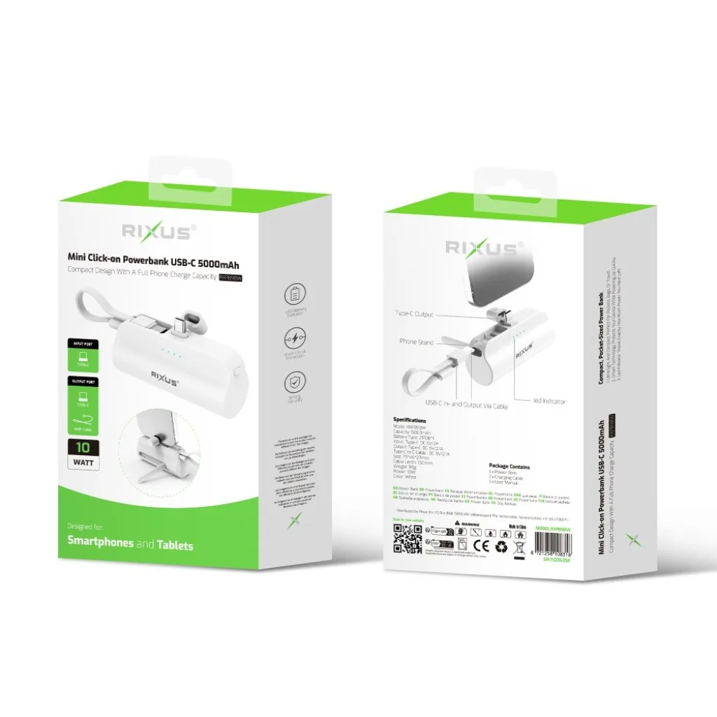 Rixus Mini Click-On Powerbank USB-C 5000mAh, hvid, billede 5