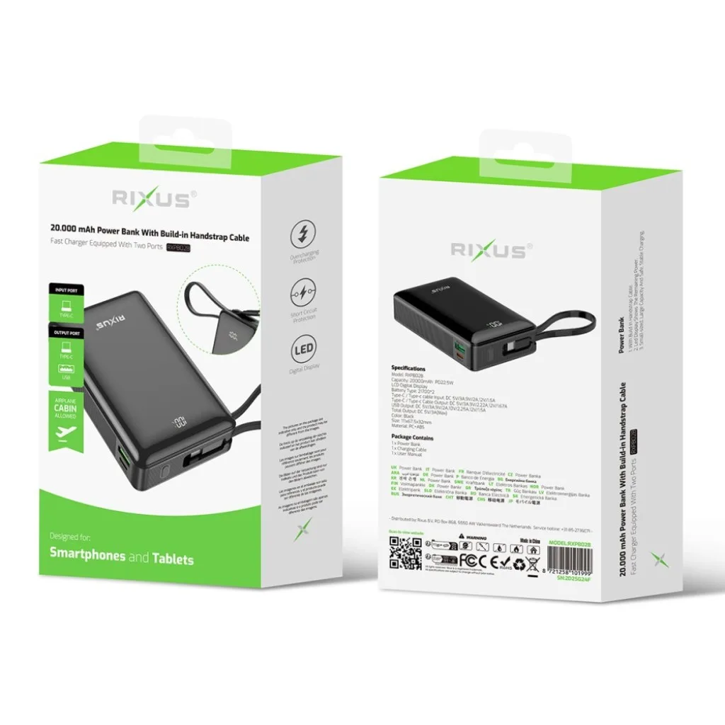 Rixus Digital Display Powerbank 20000mAh With USB-C Cable Built-in, sort, billede 4