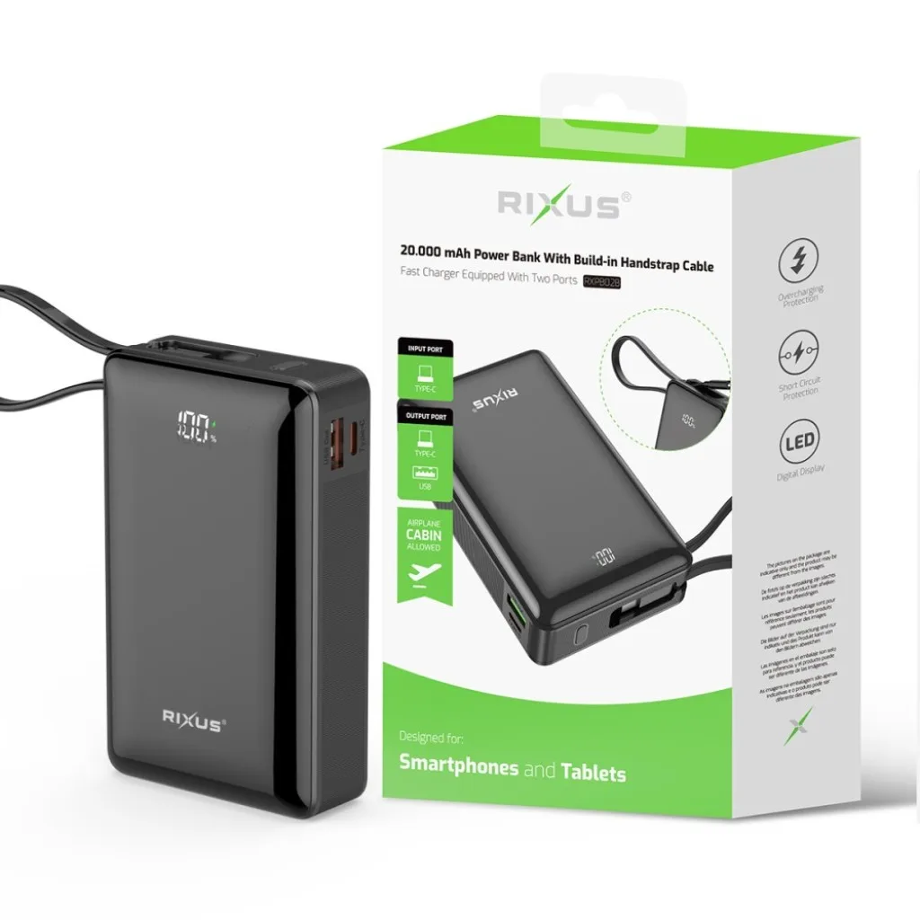 Rixus Digital Display Powerbank 20000mAh With USB-C Cable Built-in, sort, billede 5