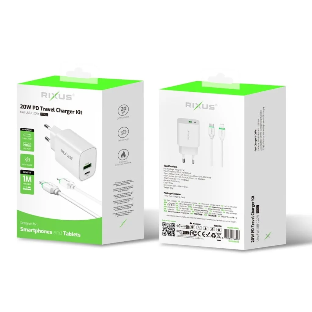 Rixus Adapter With USB-C To Lightning Connector Cable 1m 20W kabel, hvid, billede 4