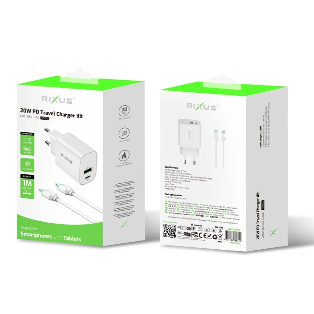 Rixus RX90CC Adapter With USB-C To USB-C Cable 1m 20W kabel, hvid, billede 4
