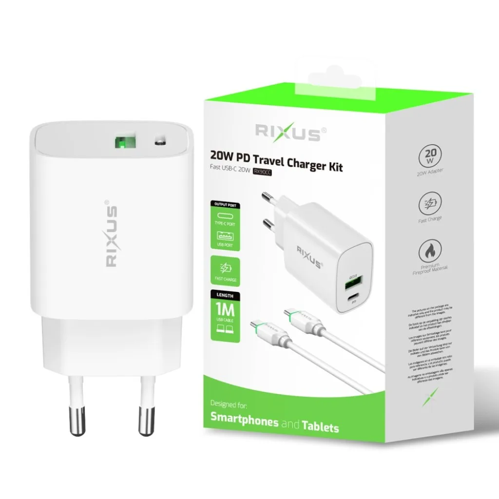 Rixus RX90CC Adapter With USB-C To USB-C Cable 1m 20W kabel, hvid, billede 5